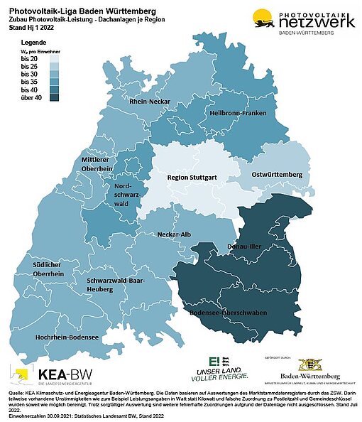 Karte: Zubau Dach-PV in Regionen 1. HJ 2022