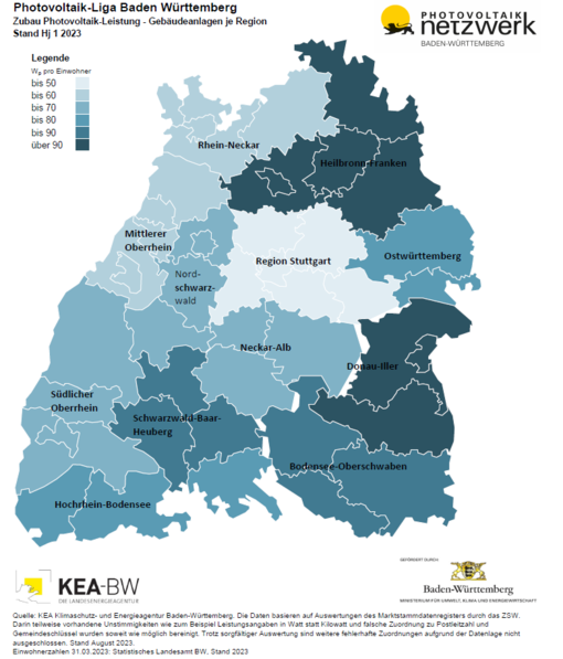 Karte: Zubau Gebäude-PV in Regionen 1. HJ 2023