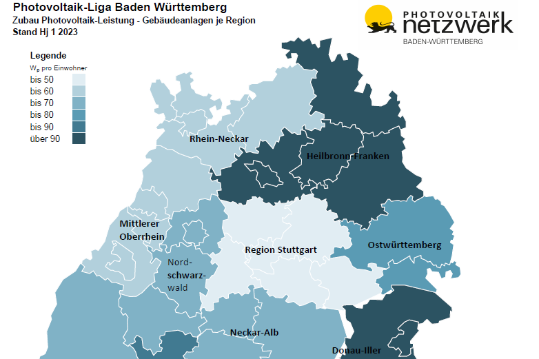 Die Karte zeigt den Zubau von PV-Gebäudeanlagen im 1. Halbjahr 2023 in den Regionen Baden-Württembergs. Grafik: PV-Netzwerk