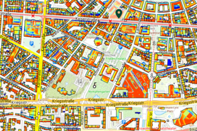 Die Karte zeigt das Solarpotenzial auf Dachflächen in einem ausgewählten Gebiet, hier z.B. in der Karlsruher Innenstadt. Quelle: LUBW