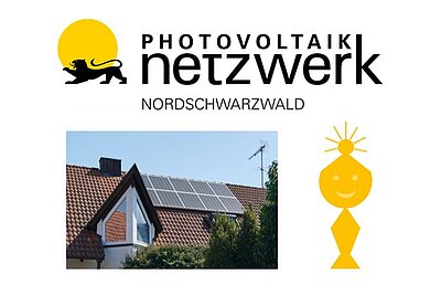 Zu sehen ist das Logo vom PV-Netzwerk Nordschwarzwald mit dem Foto einer PV-Dachanlage und dem Logo der Solarkreisliga Nordschwarzwald.