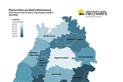 Karte: Zubau von Dachanlagen im Jahr 2022 in den Regionen Baden-Württembergs. 